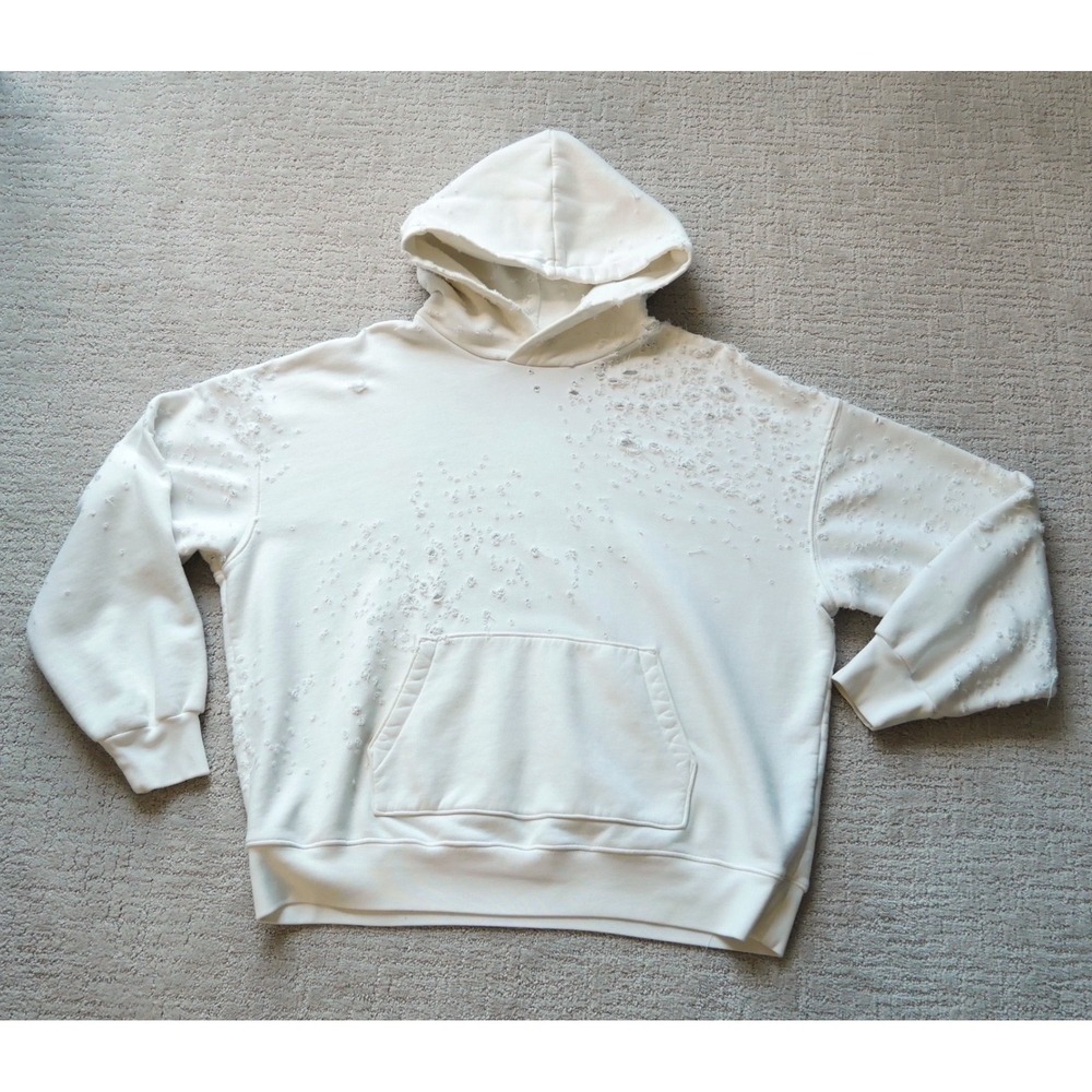 Amiri Shotgun Distressed Hoodie Mens XL White Cotton Fleece Pullover Luxury